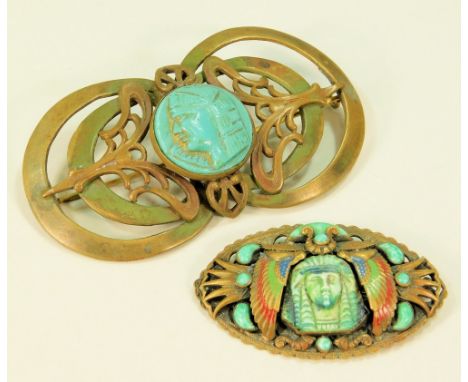COSTUME JEWELLERY.A 1930's cold painted enamel, Egyptianesque brass brooch & a similar buckle, now fused as a brooch. Largest