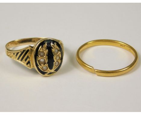 VICTORIAN RING ETC. A 15ct. gold, black enamel &amp; seed pearl mourning ring (O), &amp; a gold wedding ring, cut.