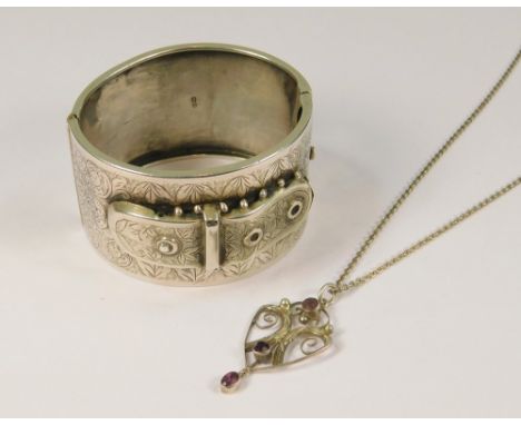 VICTORIAN BANGLE ETC. A Victorian silver cuff bangle & an Art Nouveau silver necklace on long silver chain.