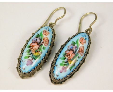 RUSSIAN ENAMEL. A pair of silver &amp; Russian enamel drop earrings. Length 3.2cm.