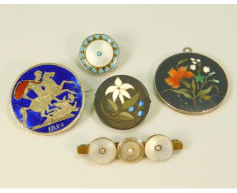PIETRA DURA ETC. A Pietra Dura pendant (a.f.), a Pietra Dura brooch, an Edwardian enamel &amp; mother of pearl brooch, an ena