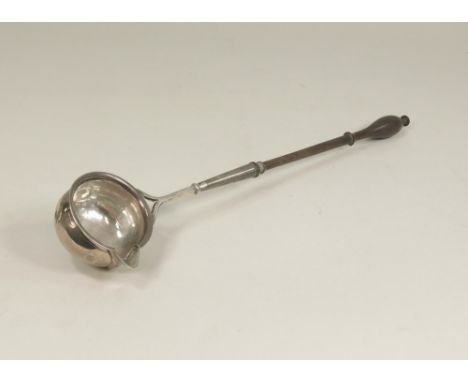TODDY LADLE.A 19thc toddy ladle with turned fruit wood handle, initialled to the reverse of the bowl.