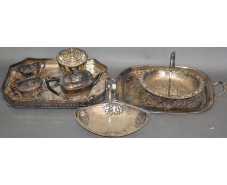 A quantity of plated ware, including a rectangular tray gallery tray with cusped corners and foliate engraving, a three piece