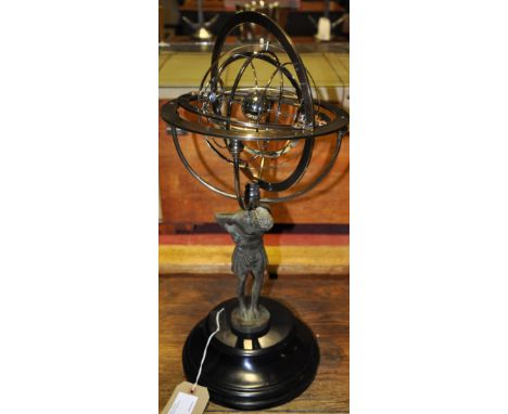 A Victorian style chrome Armillary Sphere, supported by a cast bronze classical figure on circular plinth.