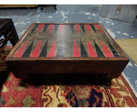 A hardwood backgammon table, the board on short square and turned feet above opposing drawers containing gaming pieces, W. 51