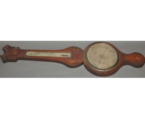 A George III mahogany and inlay barometer, incorporating a thermometer, the dial engraved with a Chatham makers name.