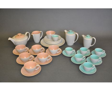 A Poole Pottery 'Twintone' tea service for six place settings, peach bloom and seagull, together with a coffee service for si