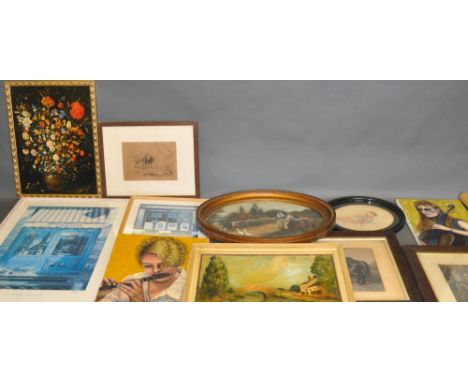 S G Hill, Portrait of a Musician, oil on canvas, signed and dated 2002 lower right, 50 x 41cm. together with ten other prints