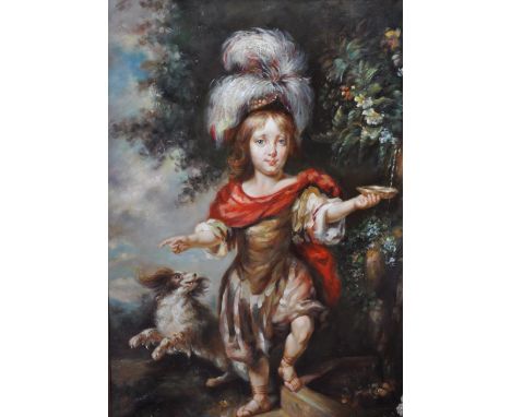 After Reynolds, portrait of an 18th Century boy with hound, oil on canvas, 90cm x 60cm, gilt framed.