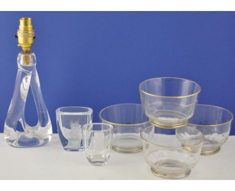 A Sevres clear glass table lamp, of bifurcated form, H. 24cm, together with two small Scandinavian glass vessels and four gil