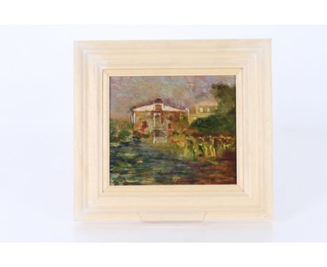 20th Century school, oil on panel depicting a country house and garden, unsigned, 18cm x 21cm 