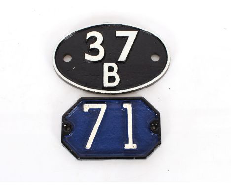 An oval cast iron marker sign "37B"; and a cast iron GER gate plate "No. 71"