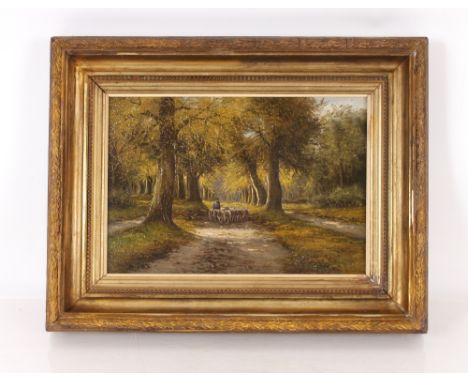 19th Century school, study of sheep being herded along a country lane, indistinctly signed oil on panel, 22cm x 32cm in gilt 