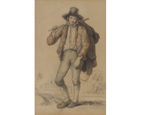 19th Century school, pencil and watercolour sketch of a street vendor, 24cm x 15cm 