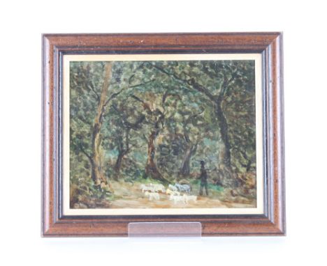 Late 19th / early 20th Century naïve school, study of sheep being herded through a woodland, unsigned oil on panel 22cm x 26c
