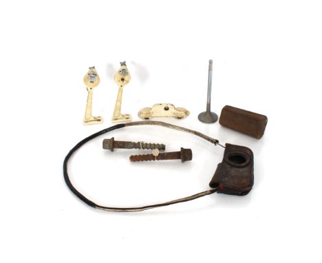 A railway leather and cable line pass holder; two large iron LMS screws; an iron bracket and two Thomas winding handles