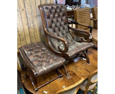 LEATHER BUTTON BACK CHAIR WITH STOOL
