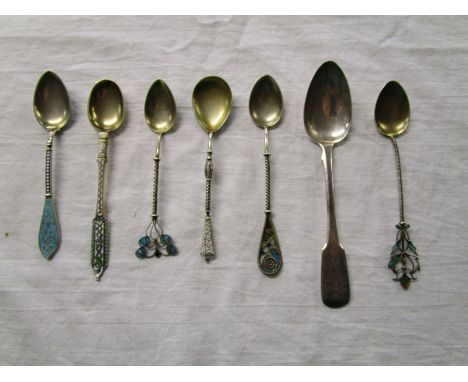 Collection of silver spoons to include Russian enamel