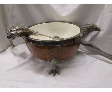 Fine treen and silver plated eagle salad bowl with ceramic liner and matching serving spoon &amp; fork