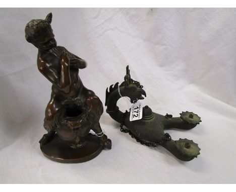 Metal figure &amp; early Eastern oil lamp