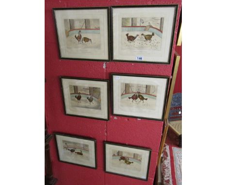 Set of 6 cock fighting engravings by C R Stock