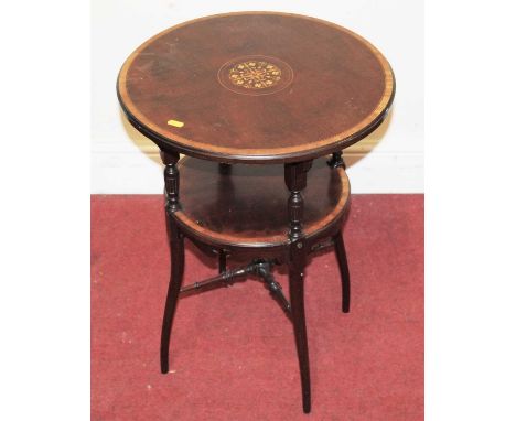 An Edwardian mahogany, satinwood crossbanded and further inlaid circular two-tier occasional table, dia.47cmCondition report: