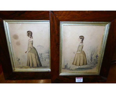 Mid-19th century English school - Pair; full-length profile portrait studies, watercolours, 21 x 16cm, each housed in period 