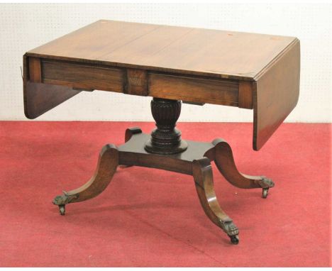 A 19th century rosewood and wired brass inlaid dropflap sofa table, having twin frieze drawers, raised on turned and reeded c