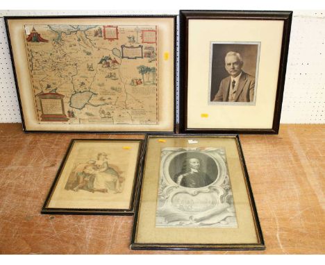 An 18th century engraved map of The Caucasus together with monochrome portrait engraving of John Hampden, colour mezzotint, p