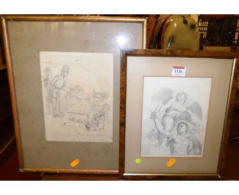 Circa 1900 school - The settling day of the betting office, satirical sketch, 22 x 17cm; together with neo-classical pencil s