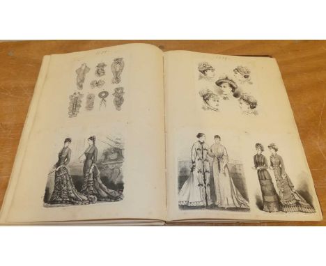 A late 19th century French scrap album, containing a collection of fashion prints, as stuck-down, each approx 21 x 18cm, the 