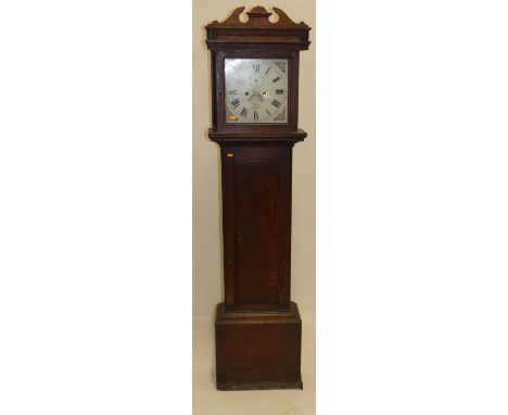 A circa 1800 provincial oak longcase clock, the square painted dial signed Warren Iksworth, with subsidiary seconds dial, eig