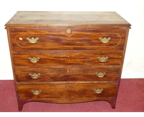 A 19th century mahogany secretaire chest, having four long drawers and typical fall-front fitted upper drawer, raised on spla