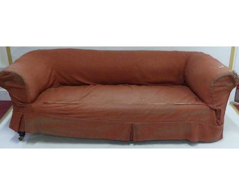 A Victorian three-seater Chesterfield sofa, raised on turned squat supports (requires reupholstery), width 205cmCondition rep