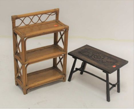 An oak chip carved stool, together with a bamboo three-tier wall shelf (2)