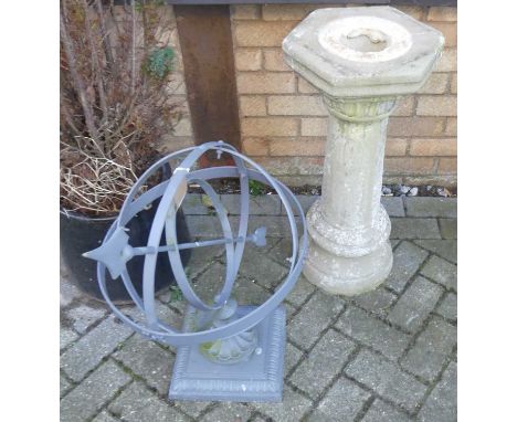 A reconstituted stone and painted wrought iron sundial, overall height 135cm