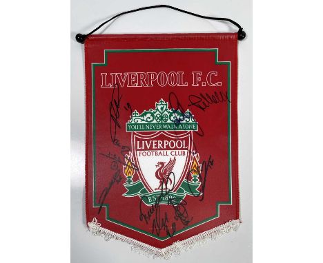 A Liverpool FC pennant (28.5 x 42cm) signed by Carragher, Aurelio, Lucas Leiva, Jan Molby, Babbel and others.