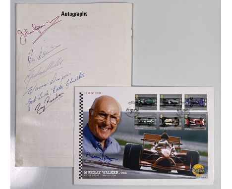 A Murray Walker signed first day cover, a 1973 snooker championship programme signed to reverse byJohn Spencer, Rex Williams,