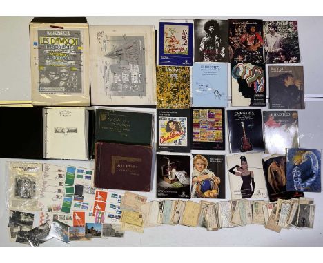 A collection of various collectables such as first-day covers, stamps, postcards, etc. Also included are auction catalogues a