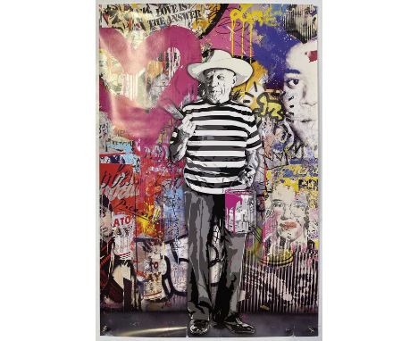 A poster with art by Mr. Brainwash (France, 1966-) depicting Pablo Picasso. 23x35". Facsimile/printed signature.