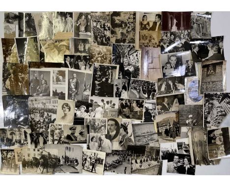 Approx 59 variously sized original and vintage press photographs many/most with press / photographer information stamped to v
