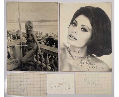 Five signed items: vintage photo isigned by Sophia Loren, similar example signed by Brigitte Bardot, card signed by Raquel We