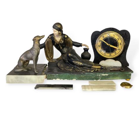 A French Art Deco marble, onyx and spelter mantel clock 1930s, the black and gilt Arabic dial signed 'Bodineau Cholet', front