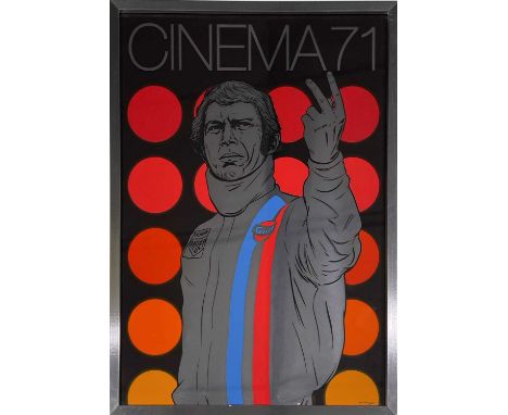 A framed and glazed Dan Reaney 'Cinema 71' chrome effect print of Steve Mcqueen in Le Mans. Frame measures at 73 x 54cm.