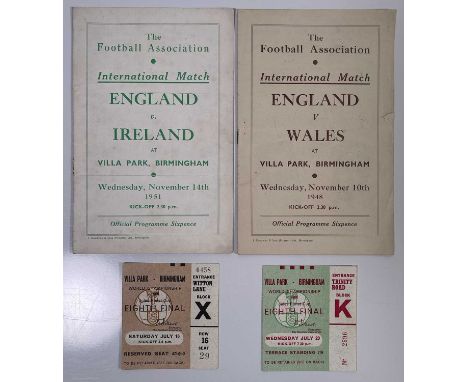 Programmes to inc England v Wales 1948, England v Ireland 1951, two ticket stubs for 1966 World Cup Final.