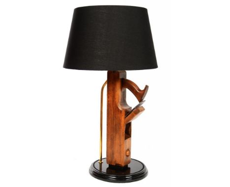 A TABLE LAMP INCORPORATING A 19TH C JOINER'S  PLANE, WITH BLACK LAMPSHADE, 62CM H OVERALL