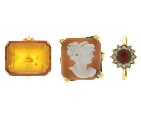 THREE GOLD RINGS, COMPRISING A SHELL CAMEO RING IN 9CT GOLD, SIZE Q, A CITRINE RING IN GOLD, MARKED 9CT, SIZE Q AND A GEM SET