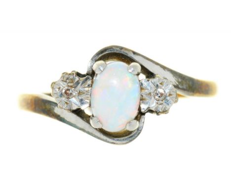 AN OPAL AND DIAMOND RING, IN GOLD MARKED 18CT, 3G, SIZE L++LIGHT WEAR AND TARNISH CONSISTENT WITH AGE