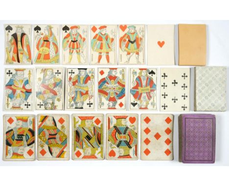 PLAYING CARDS.  A FRENCH DECK OF THIRTY TWO CARDS, single figure, block printed and stencilled with polished surface, notatio