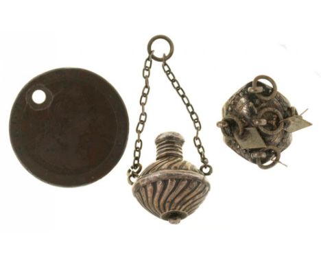 A GEORGE III COPPER CARTWHEEL PENNY, A REEDED SILVER SCENT BOTTLE AND A REPOUSSE RING, SIZE P½++TARNISH AND WEAR CONSISTENT W